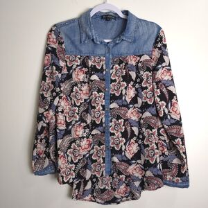 Boho Floral‎ Western Denim Mixed-Media Shirts S